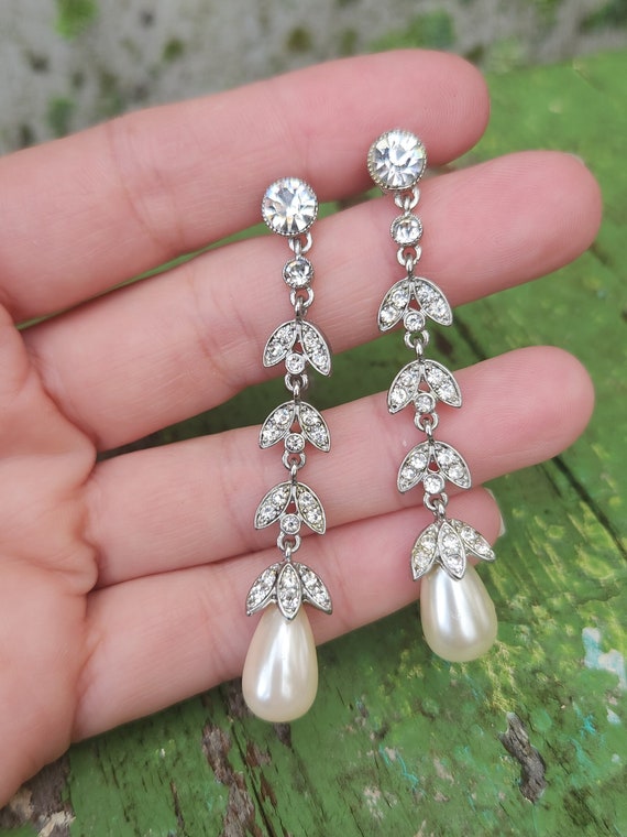 Vintage Rhinestone & Pearl Dangle Earrings - image 1