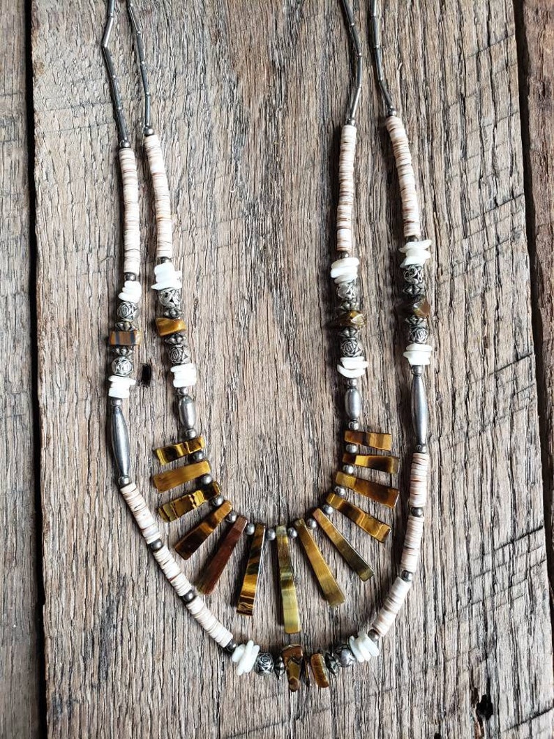 Handmade Native American Tigers Eye Heishi Bead Liquid Silver Double Stranded Necklace image 3