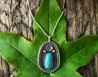 Vintage Southwestern Turquoise Cactus Flower Sterling Silver Pendant Necklace