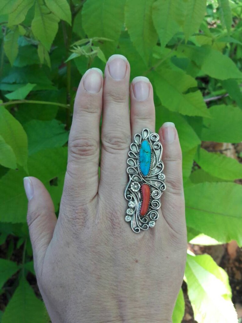 Size 9.5 Huge Vintage Southwestern Sterling Silver Turquoise and Coral Ring 2.5 Length