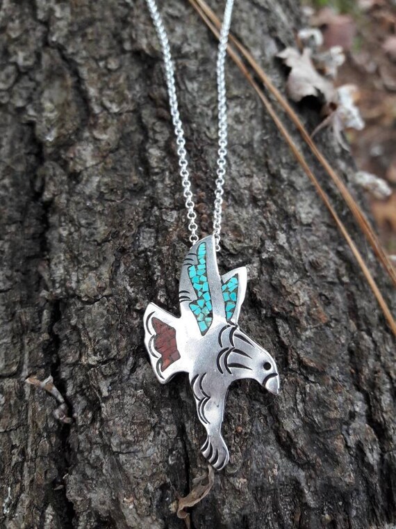 Vintage J Nezzie Sterling Silver Turquoise C Inlay - Turquoise Eagle Necklace Pendant
