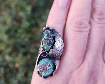 Anillo vintage de plata de ley con turquesa del suroeste y sello - Talla 6.5