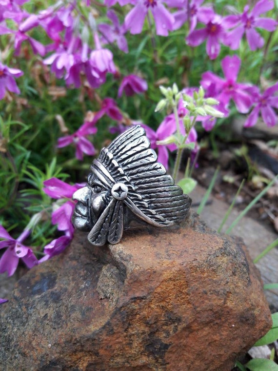 Vintage 1985 G&S Indian Chief Biker Ring - Hallmarked… - Gem