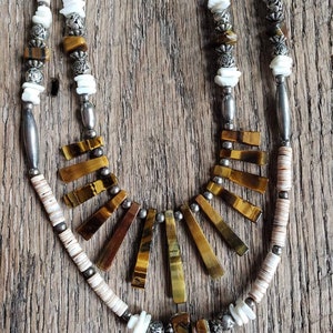 Handmade Native American Tigers Eye Heishi Bead Liquid Silver Double Stranded Necklace image 5