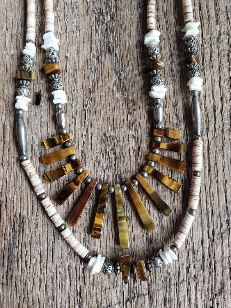 Handmade Native American Tigers Eye Heishi Bead Liquid Silver Double Stranded Necklace image 5