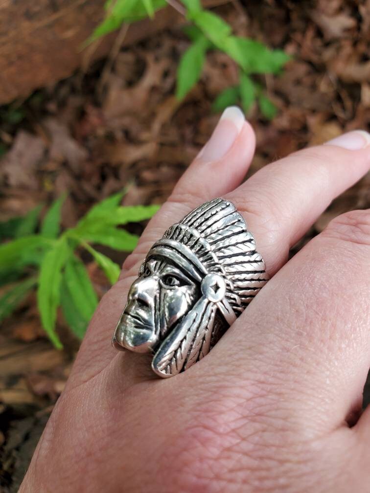 LINSION 925 Sterling Silver Indian Chief Ring – Mens Biker Punk, 10mm Band, US 7-15, Handmade Vintage Style