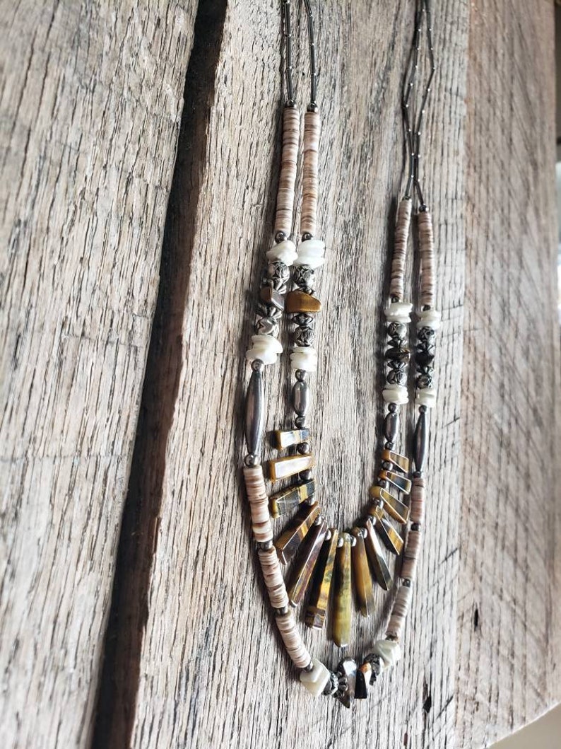 Handmade Native American Tigers Eye Heishi Bead Liquid Silver Double Stranded Necklace image 8