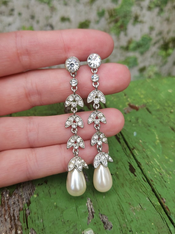 Vintage Rhinestone & Pearl Dangle Earrings - image 4