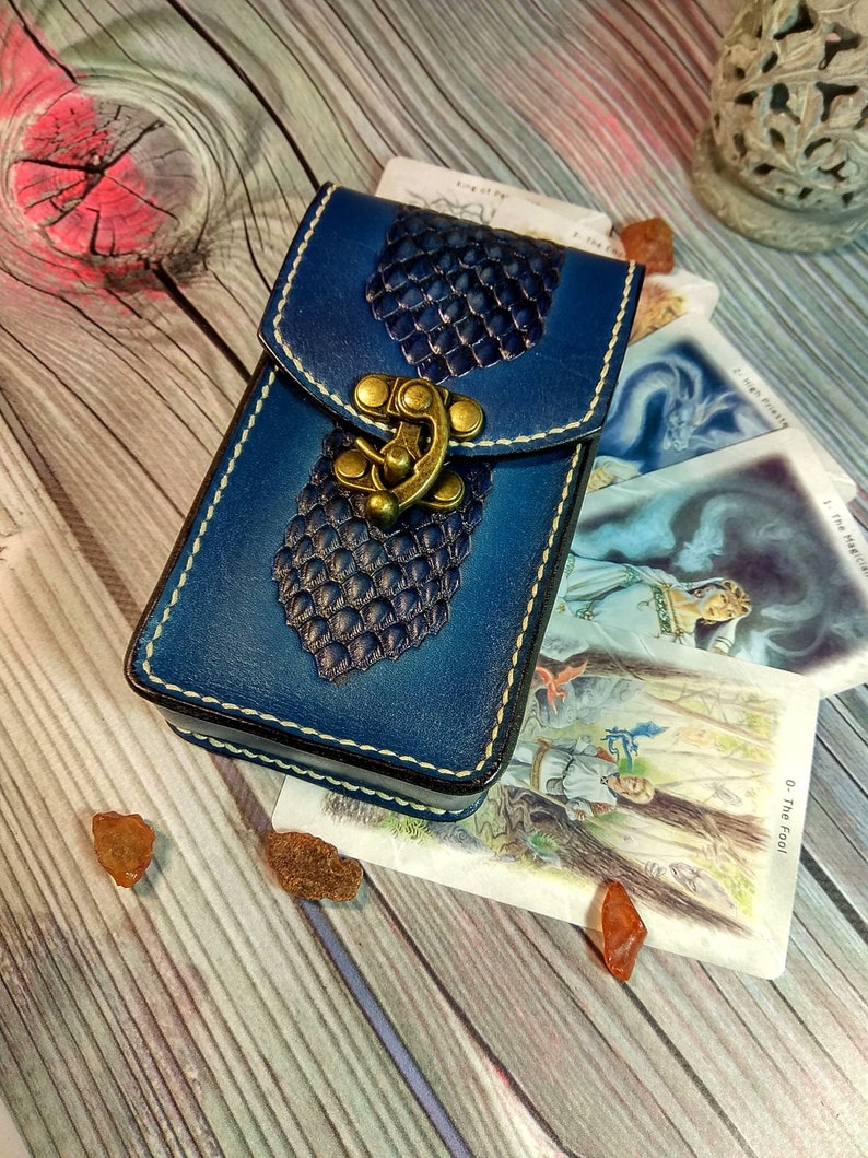 Blue tarot card case Tarot leather case Tarot cards leather Etsy