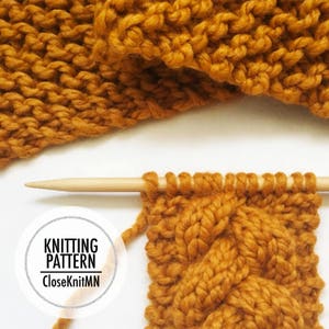 May include: Close-up of a knitting pattern with a wooden knitting needle and a ball of yarn. The pattern is a cable knit stitch in a mustard yellow color. The text "Knitting Pattern CloseKnitMN" is visible in a circle.