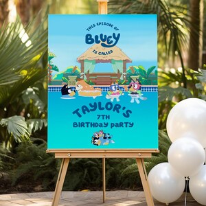 Bluey und Bingo Pool Party Willkommensschild, Bluey Swim Party Dekoration, Bluey Willkommensschild, Bluey Poster Dekoration, Sofort Download Corjl