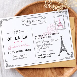 Modelo de 1º aniversário francês, convite parisiense moderno, modelo de convite de aniversário de Paris, tema francês desenhado à mão, convite de aniversário de adolescente feminino