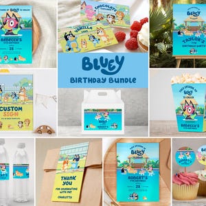 Bluey Pool Party Suite, Bluey Pool Party Decoration, Bluey Invitation Bundle for Girl, Bluey Party Banner, Bluey Treat Bundle