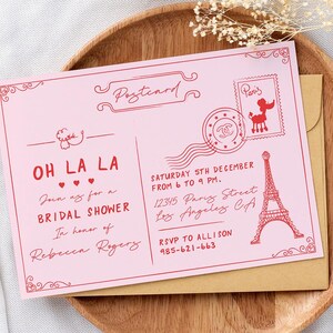 Invitación de boda retro dibujada a mano en rosa y rojo, plantilla de boda francesa en rojo y rosa, plantilla de invitación para despedida de soltera parisina, imprimible en Corjl