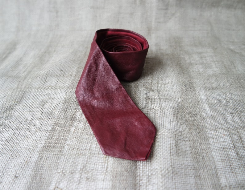 Vintage Cherry Red Leather Skinny Necktie Leather Narrow Tie 1980s