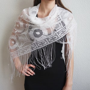 White Lace Scarf Lace Shawl Fringed Scarf Boho Chic Scarf Triangular  Wrap Lace Shawl