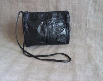 Vintage Women's Black Leather Bag Crossbody Bag Shoulder Bag Black Leather Patchwork Bag