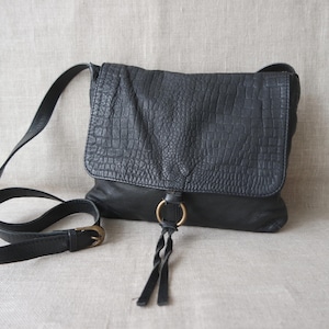 Vintage Women&#39;s Black Leather Shoulder Bag Crossbody Bag Black Leather Purse