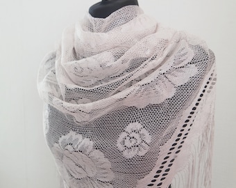 Vintage White Lace Scarf Champagne Color Shawl Fringed Scarf Boho Chic Scarf Triangular  Wrap Lace Shawl