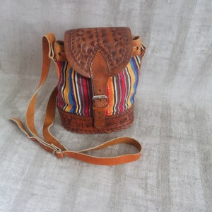 Vintage Women&#39;s  Striped  Bag Textile Bag  Leather Bag Brown Shoulder Bag Drawstring Bag Festival Bag