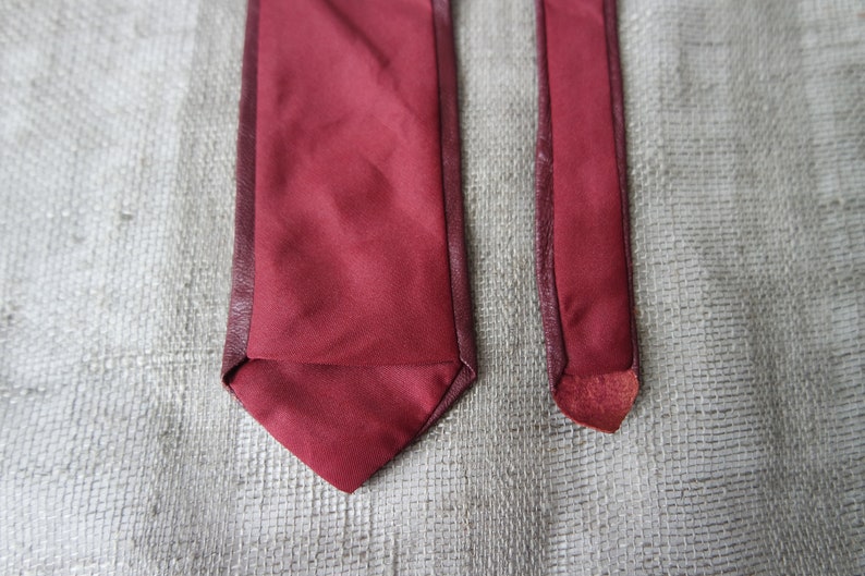 Vintage Cherry Red Leather Skinny Necktie Leather Narrow Tie 1980s