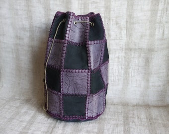 Bolso vintage hecho a mano, bolso con cordón, bolso de hombro de cuero negro, bolso de alimentación