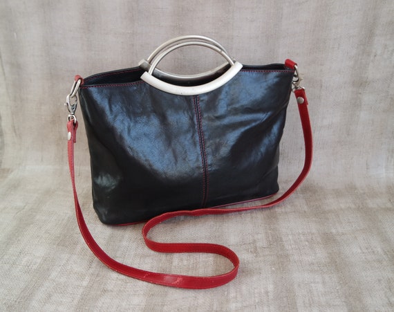 Vintage Black Leather Handbag Black Leather Top Ha