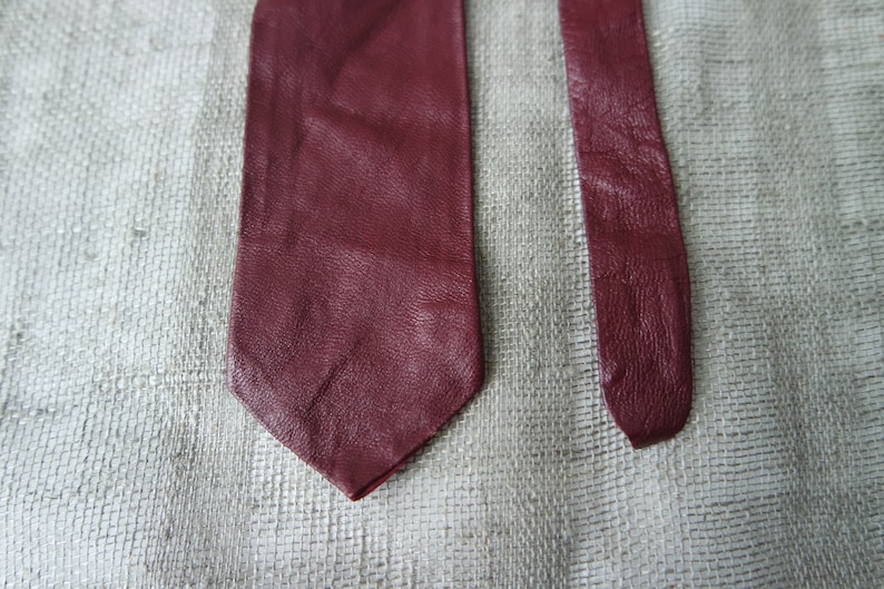 Vintage Cherry Red Leather Skinny Necktie Leather Narrow Tie 1980s