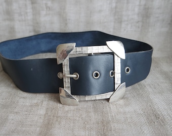 Vintage  Dark Blue Faux Leather Belt Blue Waist Belt Unisex Belt