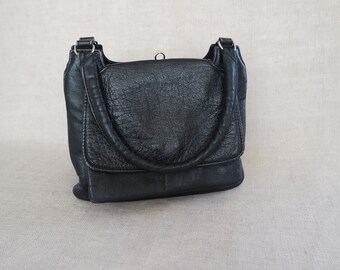 Vintage svart handväska i läder med topphandtag för kvinnor