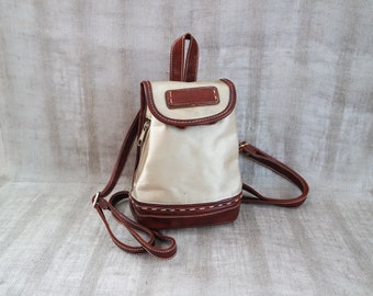 Vintage Small Beige Nylon Backpack Beige Rucksack Drawstring Backpack