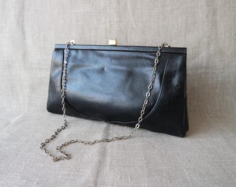 Vintage Black Womens Evening Bag Black Leather Shoulder Bag Clutche Bag