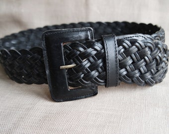 vintage Ceinture en cuir noir tressé noir ceinture taille hanches ceinture tresse ceinture ceinture surdimensionnée
