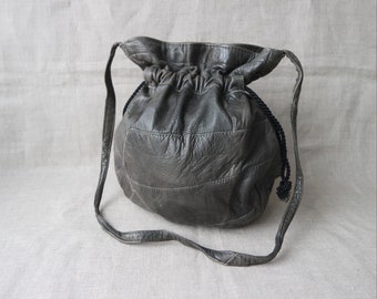 Vintage Gray Leather Bag Drawstring Bag Shoulder Bag Leather Patchwork Bag