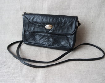 Vintage Women's Small Black Leather Crossbody Bag Black Leather Shoulder Bag Festival Bag Black Purse