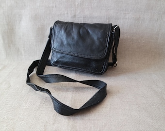 Vintage Black Leather Shoulder Bag Small Black Crossbody Bag  Unisex Bag