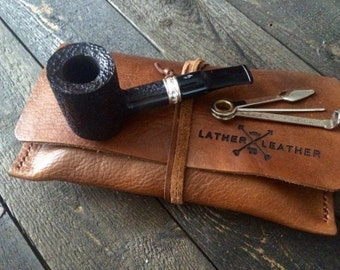 Leather Pipe Tobacco Pouch Roll- 100% Genuine- Old School Wrap- Premium Original Rustic Handmade Case- Personalized Medium Large XL