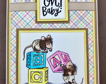 Baby Card - New Baby Card - Baby Shower Card - Baby Congrats Card - Welcome Baby - House Mouse Card - Baby Blocks - Twin Card - Twins Card