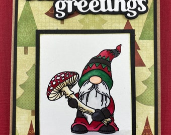 Holiday Gnome - Christmas Gnome Card - Christmas Gnome - Holiday Gnome Card - Season's Greetings Gnome - Festive Gnome Card - Mushroom Card
