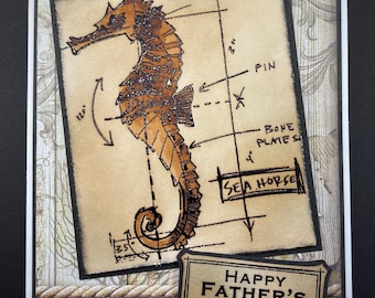 Steampunk Seahorse Father's Day Card - Embossed Nautical Design
