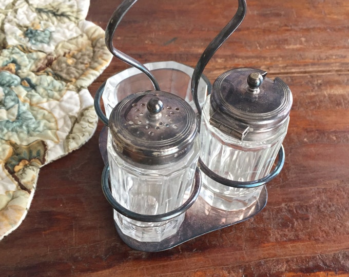 Vintage Condiment Set, EPNS Silver, England, Silver and Cut Glass Salt