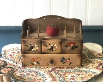 Vintage Brown Wooden Sewing Box Organizer, Wood Box, Flowers Leaves, Trinket Box, Jewelry Box, Film Photography Props, Vintage Office Decor