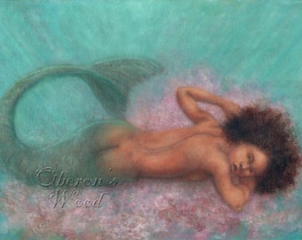 Black Mermaid Art, Mermaid Painting, Afro, Coral, Siren, Sea, Magical, Mythology, Ocean, Elemental Art, Art Print, AA, Oil Painting