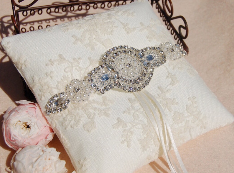 wedding Accessories.off white ring Beautiful rhinestone Wedding ring pillow.Cotton ring pillow,lace ring bearer pillow,wedding gift