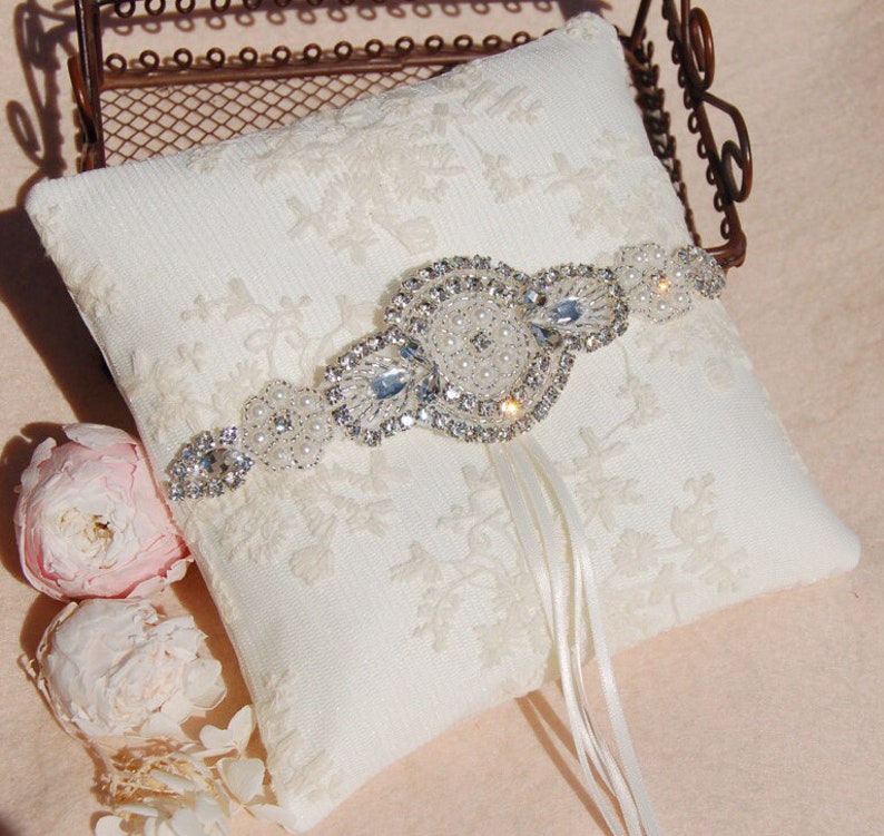 wedding Accessories.off white ring Beautiful rhinestone Wedding ring pillow.Cotton ring pillow,lace ring bearer pillow,wedding gift