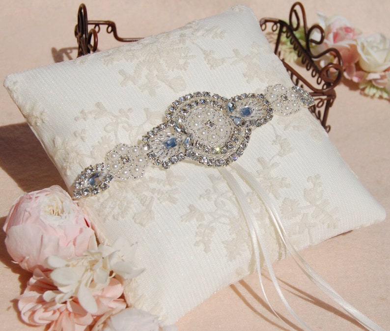 wedding Accessories.off white ring Beautiful rhinestone Wedding ring pillow.Cotton ring pillow,lace ring bearer pillow,wedding gift