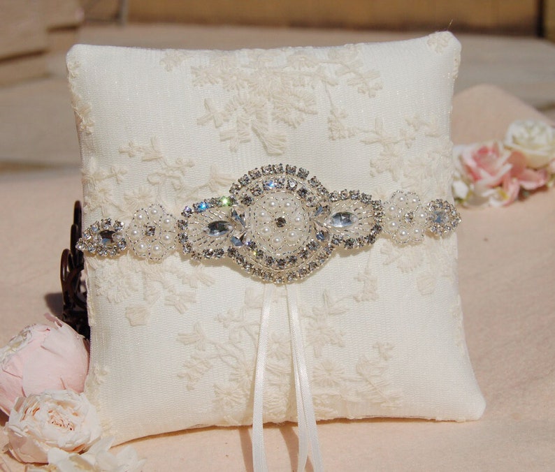 wedding Accessories.off white ring Beautiful rhinestone Wedding ring pillow.Cotton ring pillow,lace ring bearer pillow,wedding gift