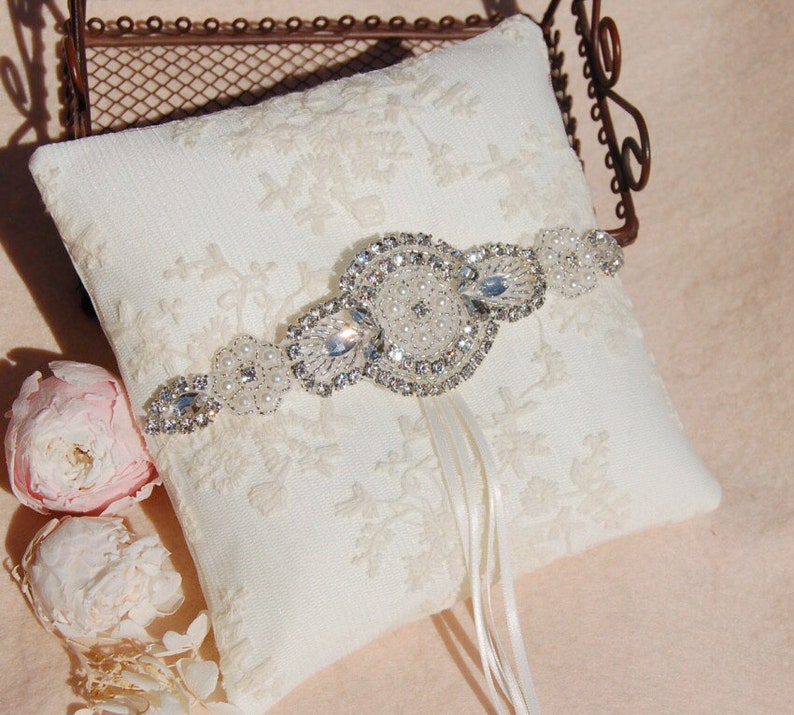 wedding Accessories.off white ring Beautiful rhinestone Wedding ring pillow.Cotton ring pillow,lace ring bearer pillow,wedding gift