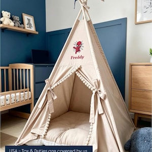 Personalised Beige Kids Teepee Tent, Boho Nursery Decor, 1st Birthday Boy Gift, Neutral Toddler Play Tent, Scandi Playroom Reading Nook