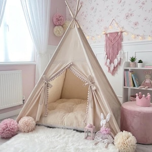 Tenda teepee in cotone naturale realizzata a mano / Casetta da gioco per bambini personalizzabile con sistema di stabilizzazione